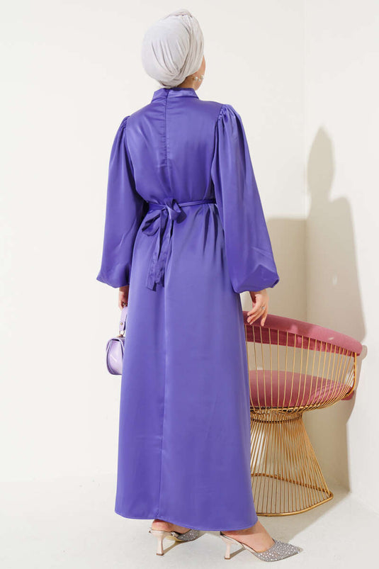 Robe En Satin Ceinturée À Manches Ballon Lilas