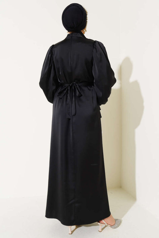 Robe En Satin Ceinturée À Manches Ballon Noir