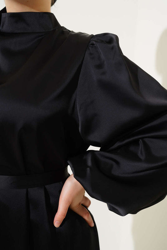 Robe En Satin Ceinturée À Manches Ballon Noir