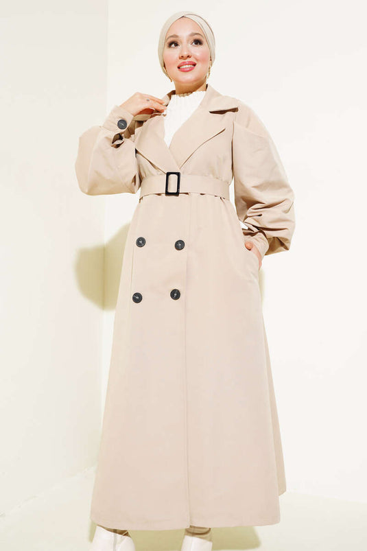 Belted Balloon Sleeve Long Trench Coat Beige