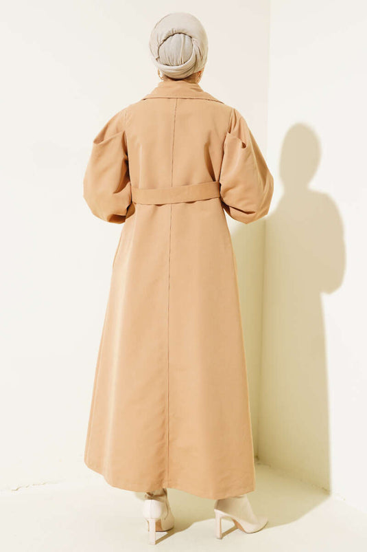 Belted Balloon Sleeve Long Trench Coat Camel