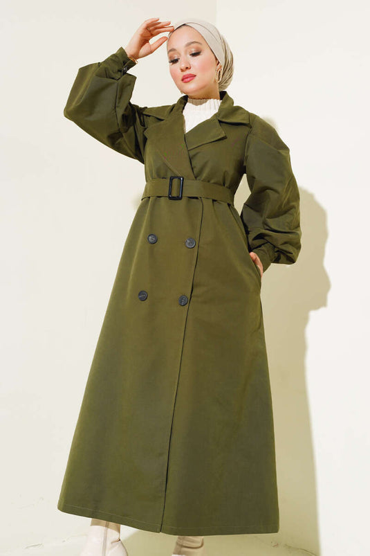 Belted Balloon Sleeve Long Trench Coat Khaki