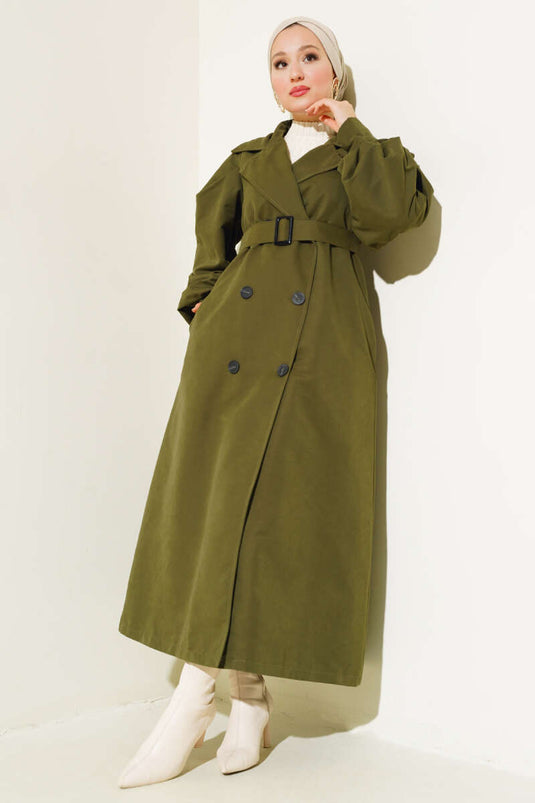 Belted Balloon Sleeve Long Trench Coat Khaki