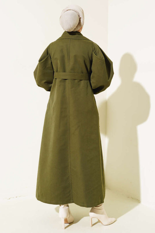 Belted Balloon Sleeve Long Trench Coat Khaki