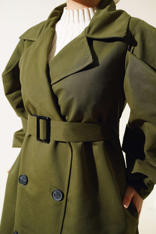 Belted Balloon Sleeve Long Trench Coat Khaki