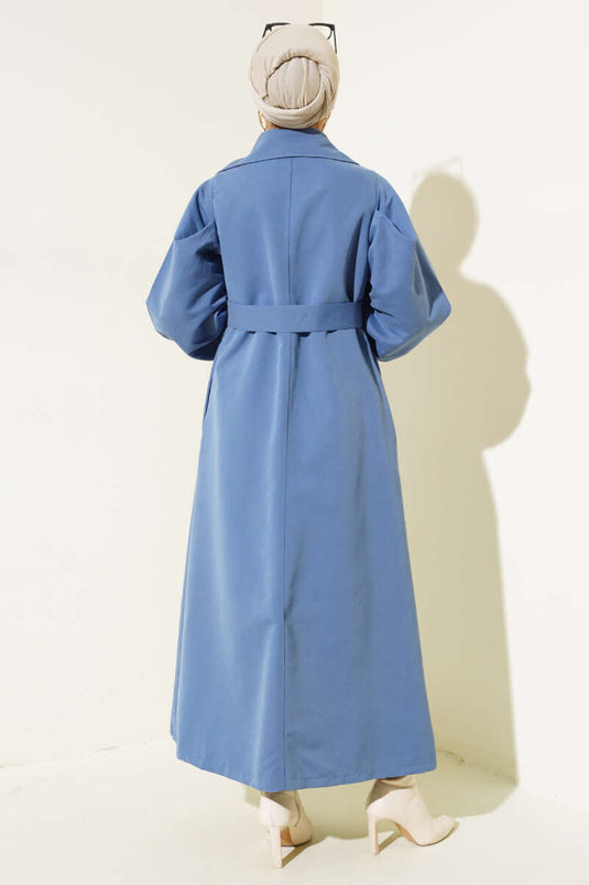 Belted Balloon Sleeve Long Trench Coat Indigo