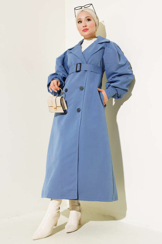 Belted Balloon Sleeve Long Trench Coat Indigo