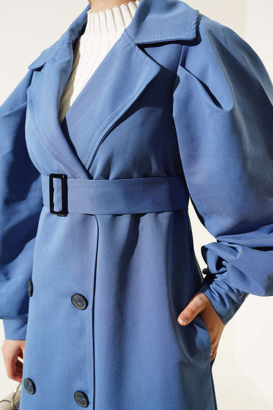 Belted Balloon Sleeve Long Trench Coat Indigo