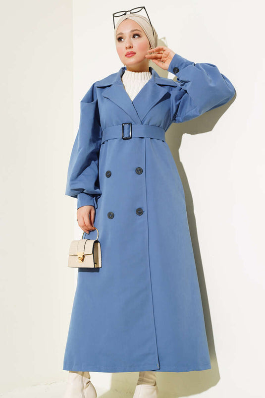 Belted Balloon Sleeve Long Trench Coat Indigo