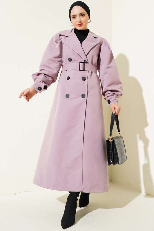 Belted Balloon Sleeve Long Trench Coat Lilac