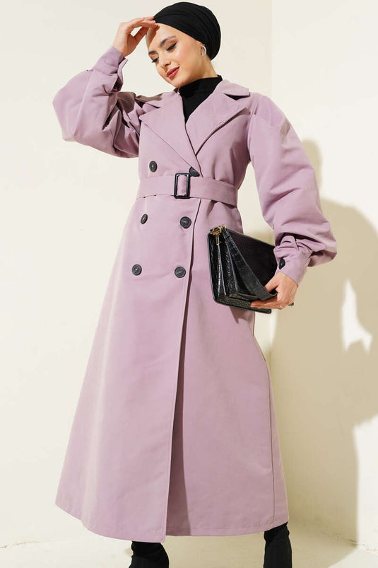 Belted Balloon Sleeve Long Trench Coat Lilac