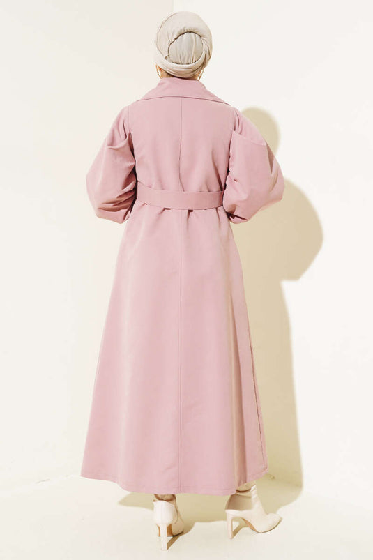 Belted Balloon Sleeve Long Trench Coat Powder