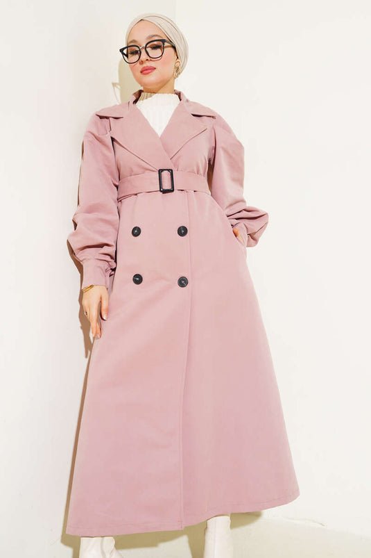 Belted Balloon Sleeve Long Trench Coat Powder