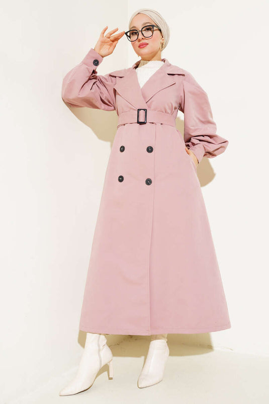 Belted Balloon Sleeve Long Trench Coat Powder