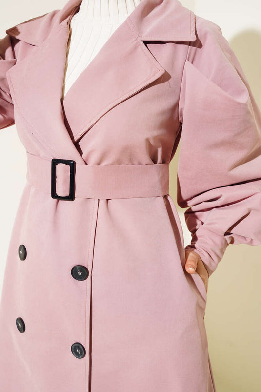 Belted Balloon Sleeve Long Trench Coat Powder