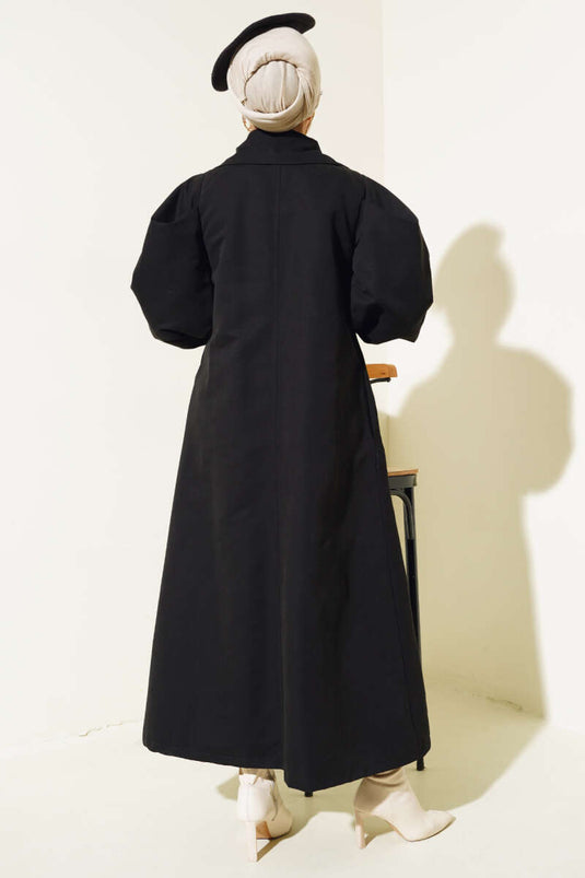 Belted Balloon Sleeve Long Trench Coat Black