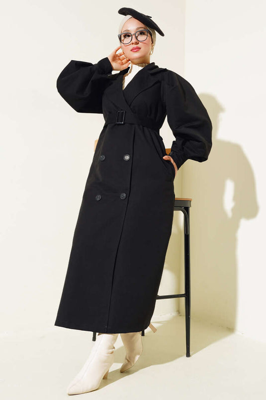 Belted Balloon Sleeve Long Trench Coat Black