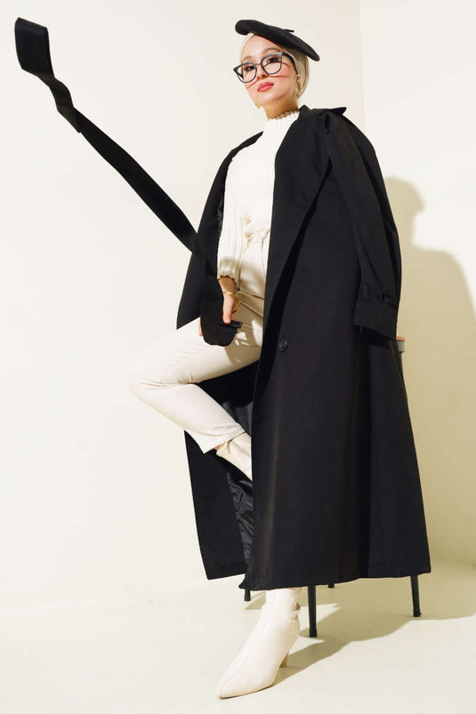 Belted Balloon Sleeve Long Trench Coat Black