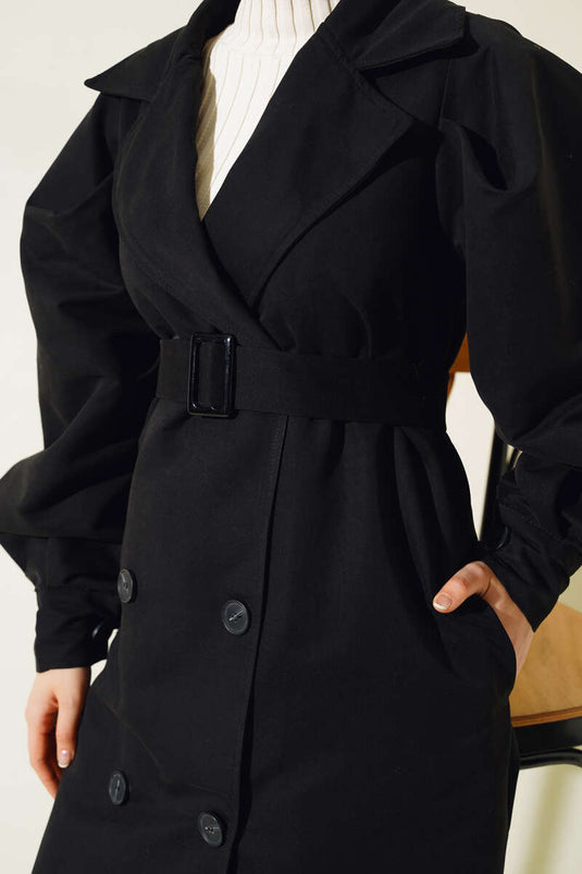 Belted Balloon Sleeve Long Trench Coat Black