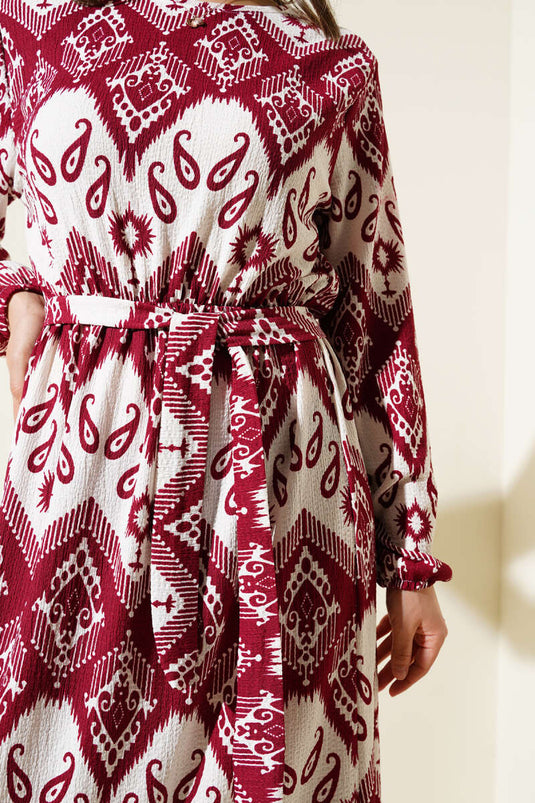 فستان كريب منقوش مطاطي مع حزام خصر - بورجوندي