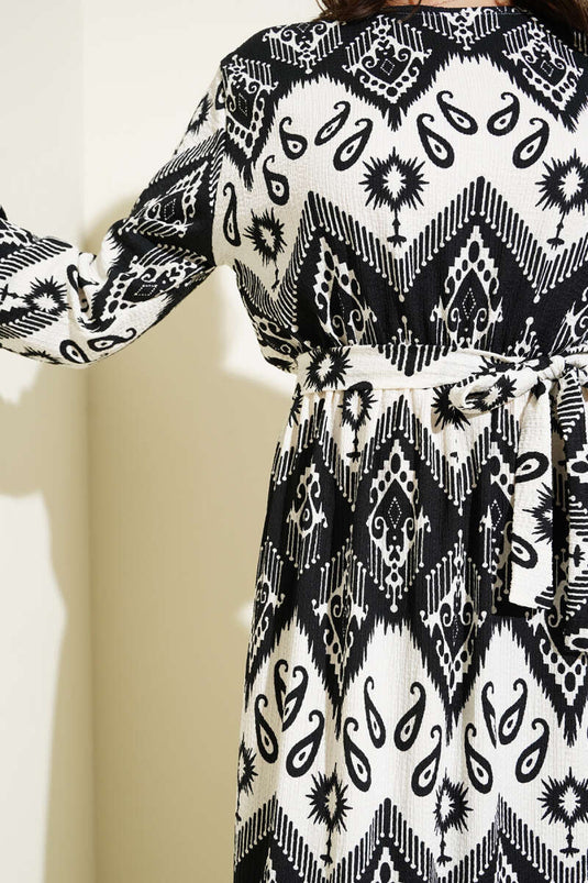 فستان كريب منقوش مطاطي مع حزام خصر أسود