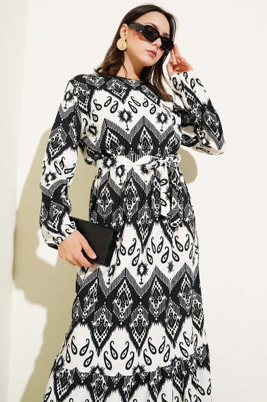 فستان كريب منقوش مطاطي مع حزام خصر أسود