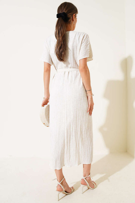 Beige Leinen-Midikleid mit Gürtel und elastischem Bund