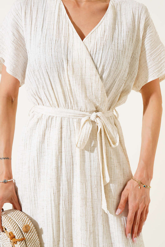 Midi-jurk van linnen met elastische taille en ceintuur in beige