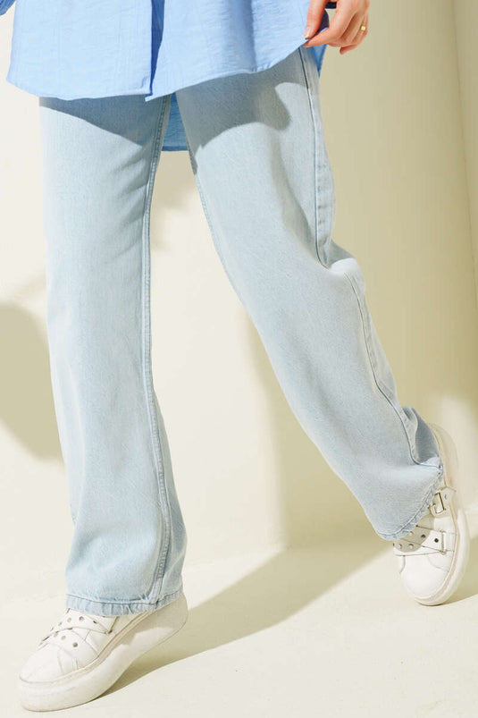 Belted High-Waisted Denim Pants Ice Blue