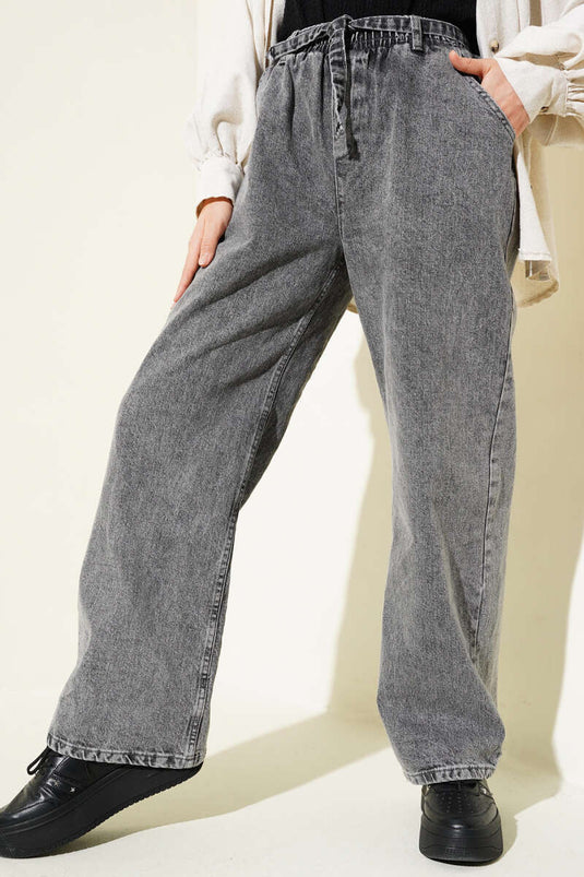 Belted Waist Elastic Denim Pants Charcoal