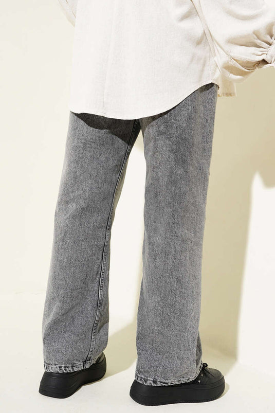 Belted Waist Elastic Denim Pants Charcoal