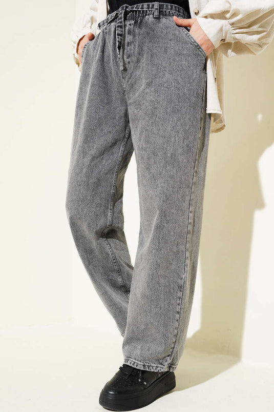 Belted Waist Elastic Denim Pants Charcoal