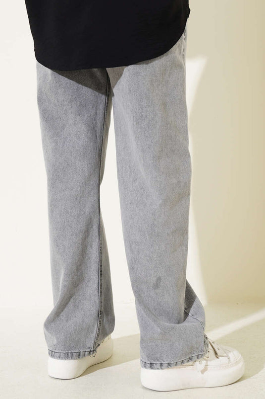 Belted Waistband Denim Pants Gray