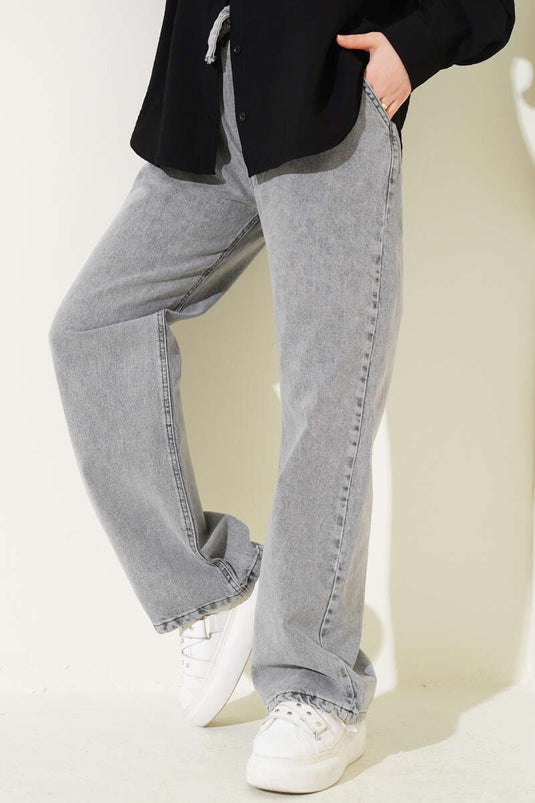 Belted Waistband Denim Pants Gray