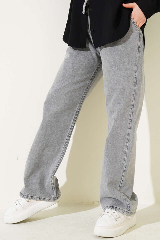 Belted Waistband Denim Pants Gray