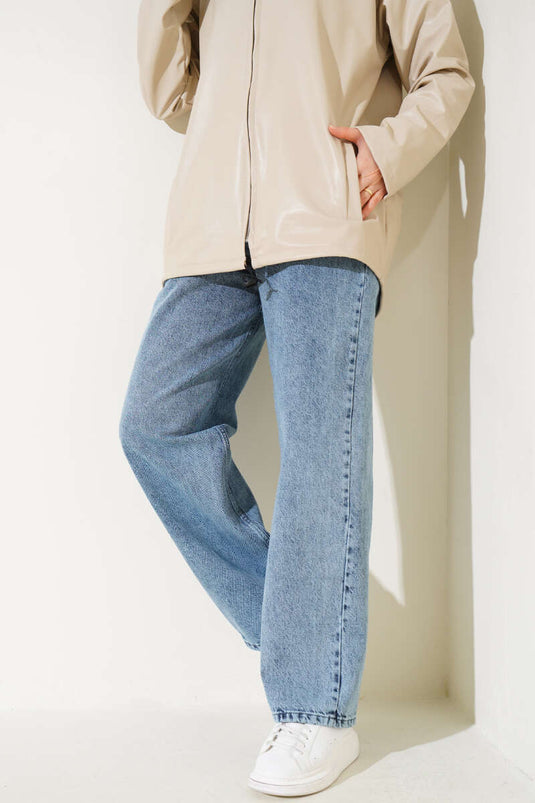 Belted High-Waisted Denim Pants Snow Light