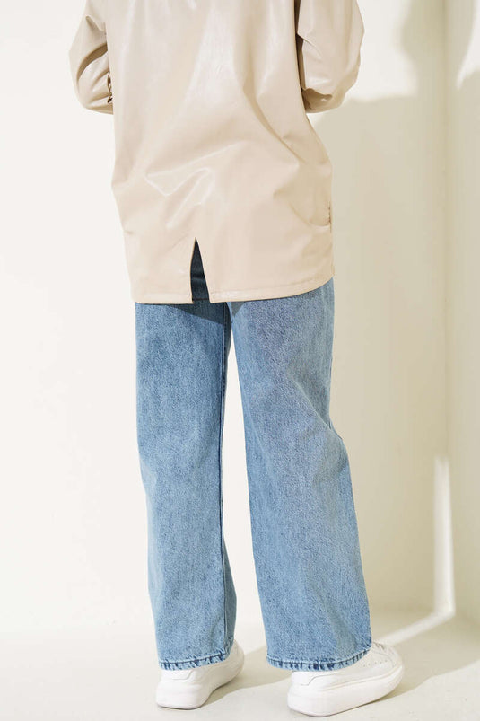 Belted High-Waisted Denim Pants Snow Light