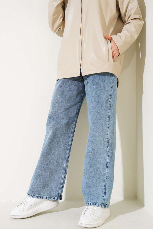 Belted High-Waisted Denim Pants Snow Light