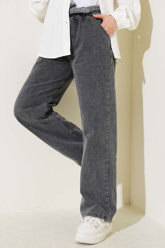 Belted Waistband Denim Pants Slate Gray