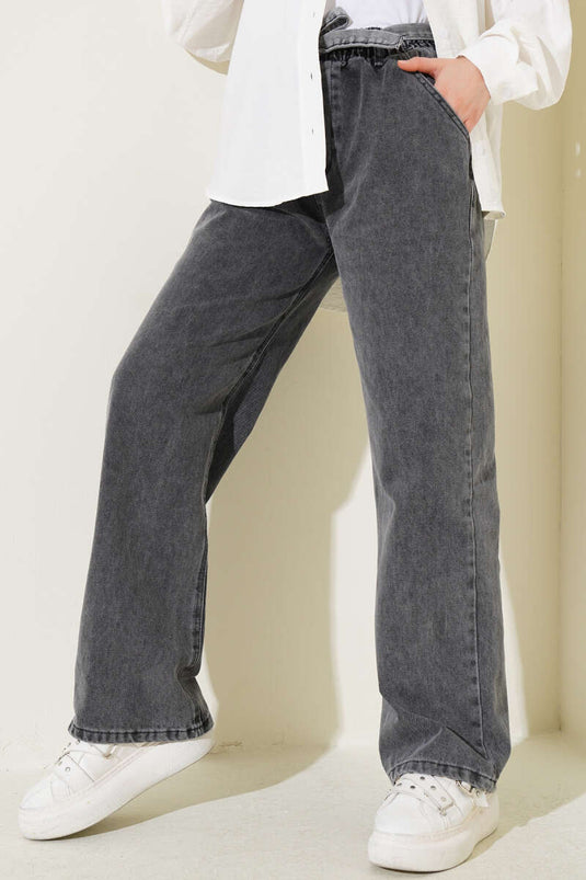 Belted Waistband Denim Pants Slate Gray