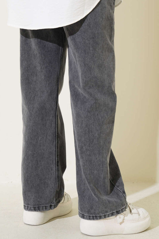 Belted Waistband Denim Pants Slate Gray