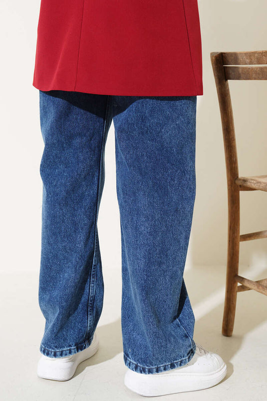 Belted High-Waisted Denim Pants Dark Blue