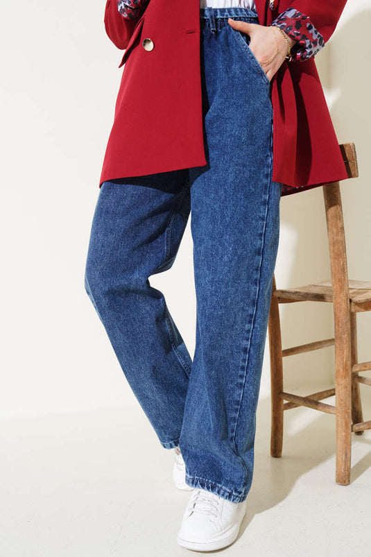 Belted High-Waisted Denim Pants Dark Blue