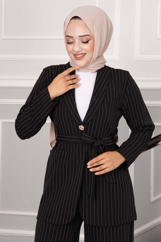 Blazer-Jacke mit Gürtel, Hijab-Anzug, Schwarz -2