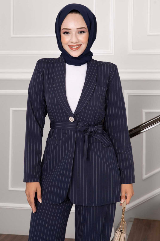 Blazer-Jacke mit Gürtel, Hijab-Anzug, Marineblau - 5