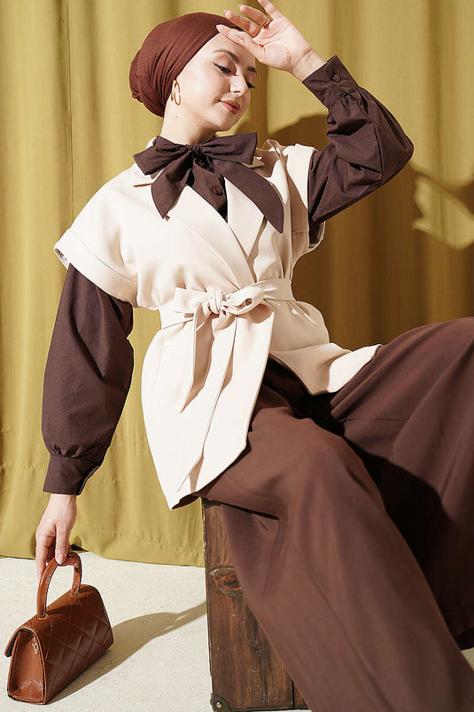 Gilet Blazer con Cintura Beige