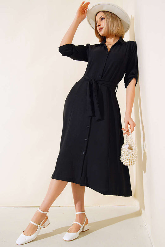 Belted Button-Down Dress Black