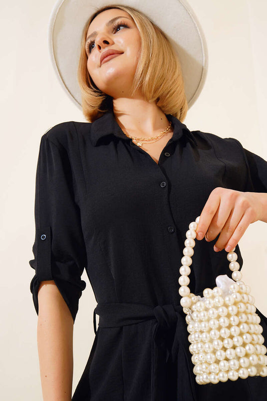 Belted Button-Down Dress Black
