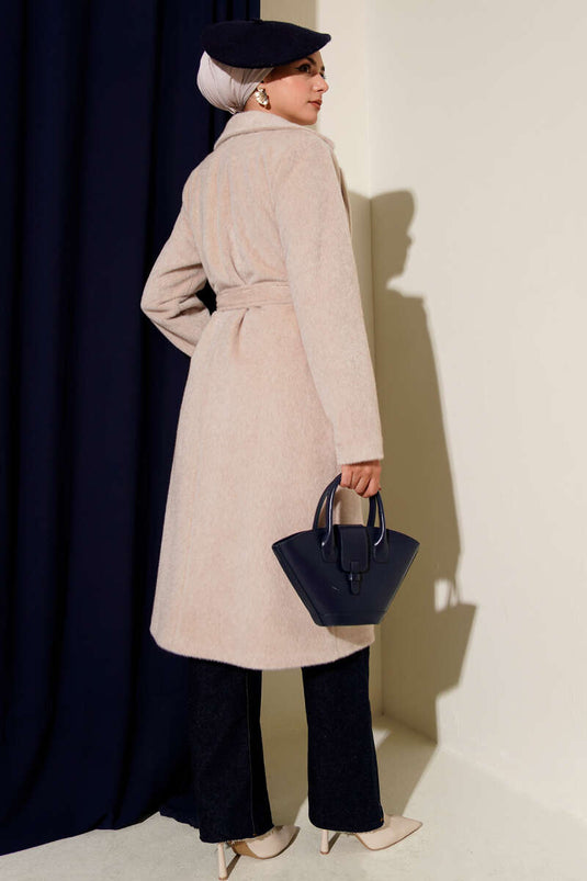 معطف كشمير برونزي بحزام وبيج