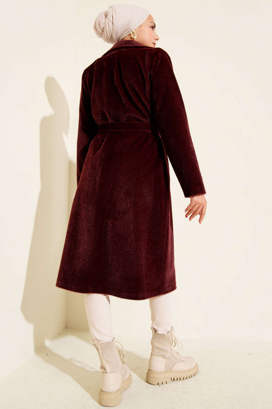 Belted Bronch Detailed Cashmere Coat Burgundy
